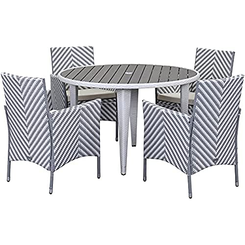 SAFAVIEH Poly-Rattan Esszimmergarnitur für draußen - 5er Set, Terrassentisch und Stühle, Grau und Weiß von Safavieh