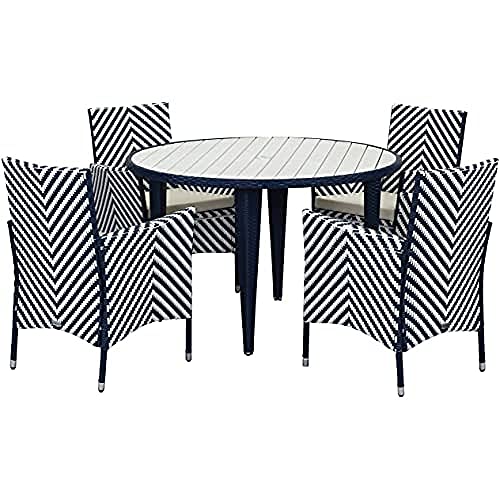 SAFAVIEH Poly-Rattan Esszimmergarnitur für draußen - 5er Set, Terrassentisch und Stühle, Schwarz und Weiß von Safavieh