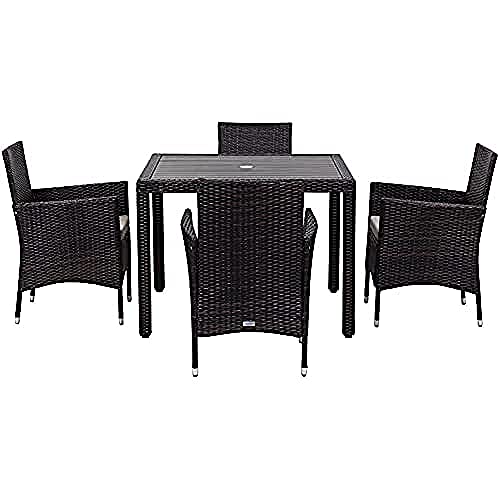 SAFAVIEH Rattan Esszimmergarnitur für draußen - 5er Set, Terrassentisch und Stühle, Braun und Farbe von Safavieh