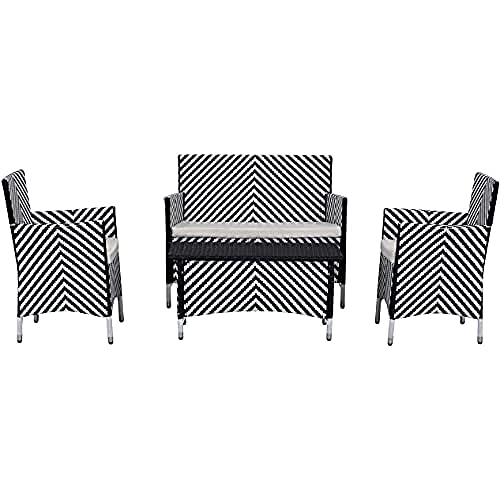 SAFAVIEH Rattan Terrassenset für draußen - Gepolstert - Satz von 4, Schwarz und Weiß von Safavieh