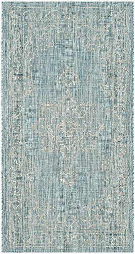 SAFAVIEH Zeitgenössische Teppich für Drinnen & Draussen - Courtyard Collection, Kurzer Flor, Aqua und Grau, 79 X 152 cm von Safavieh