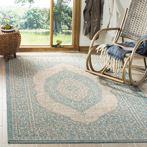 SAFAVIEH Zeitgenössische Teppich für Drinnen & Draussen - Courtyard Collection, Kurzer Flor, Hellgrau und Aqua, 79 X 152 cm von Safavieh