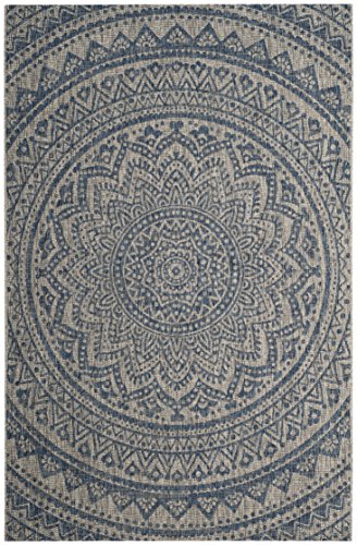 SAFAVIEH Zeitgenössische Teppich für Drinnen & Draussen - Courtyard Collection, Kurzer Flor, Hellgrau und Blau, 160 X 231 cm von Safavieh