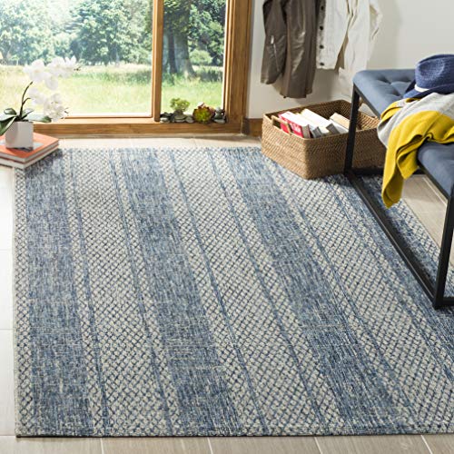 SAFAVIEH Zeitgenössische Teppich für Drinnen & Draussen - Courtyard Collection, Kurzer Flor, Hellgrau und Blau, 79 X 152 cm von Safavieh