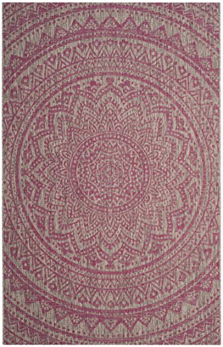 SAFAVIEH Zeitgenössische Teppich für Wohnzimmer, Esszimmer, Schlafzimmer - Courtyard Collection, Kurzer Flor, Hellgrau und Fuchsia, 122 X 170 cm von Safavieh