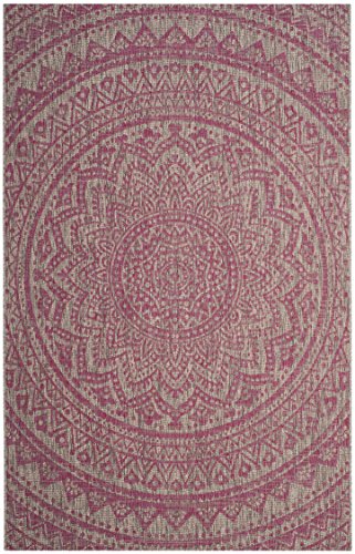 SAFAVIEH Zeitgenössische Teppich für Drinnen & Draussen - Courtyard Collection, Kurzer Flor, Hellgrau und Fuchsia, 122 X 170 cm von Safavieh