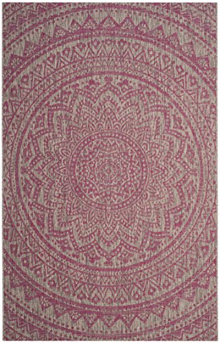 SAFAVIEH Zeitgenössische Teppich für Drinnen & Draussen - Courtyard Collection, Kurzer Flor, Hellgrau und Fuchsia, 201 X 290 cm von Safavieh