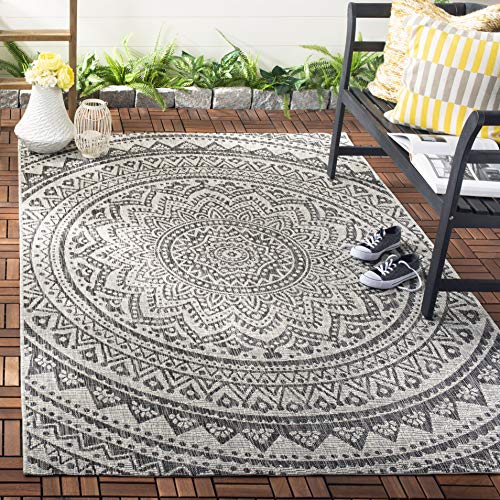 SAFAVIEH Zeitgenössische Teppich für Drinnen & Draussen - Courtyard Collection, Kurzer Flor, Hellgrau und Schwarz, 79 X 152 cm von Safavieh