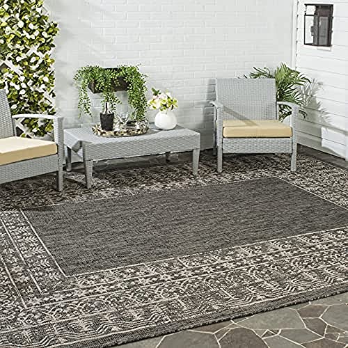 SAFAVIEH Zeitgenössische Teppich für Drinnen & Draussen - Courtyard Collection, Kurzer Flor, Schwarz und Beige, 160 X 231 cm von Safavieh