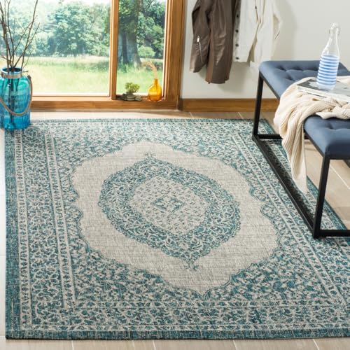 SAFAVIEH Zeitgenössische Teppich für Wohnzimmer, Esszimmer, Schlafzimmer - Courtyard Collection, Kurzer Flor, Hellgrau und Blaugrün, 160 X 231 cm von Safavieh