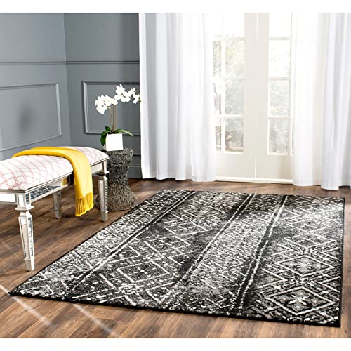 SAFAVIEH Zeitgenössisch böhmisch Teppich für Wohnzimmer, Esszimmer, Schlafzimmer - Adirondack Collection, Kurzer Flor, Schwarz und Silber, 91 X 152 cm von Safavieh