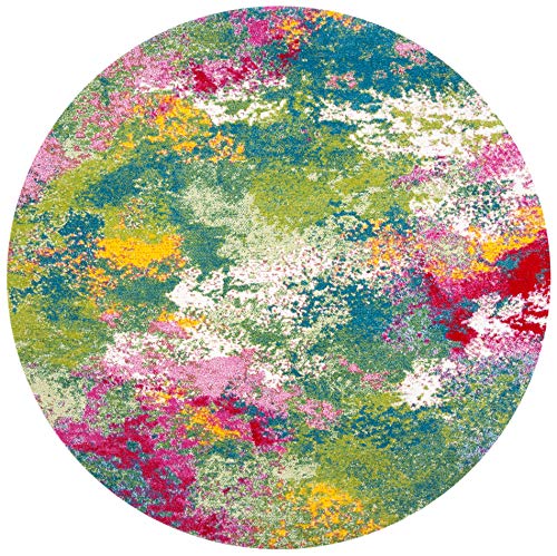 SAFAVIEH Abstrakt Teppich für Wohnzimmer, Esszimmer, Schlafzimmer - Watercolor Collection, Kurzer Flor, Grün und Fuchsia, 91 X 91 cm von Safavieh