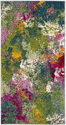 SAFAVIEH Abstrakt Teppich für Wohnzimmer, Esszimmer, Schlafzimmer - Watercolor Collection, Kurzer Flor, Grün und Fuchsia, 91 X 91 cm von Safavieh