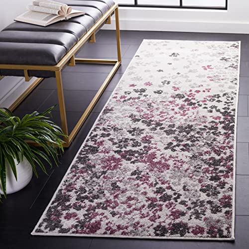 SAFAVIEH Zeitgenössisch blumig Teppich für Wohnzimmer, Esszimmer, Schlafzimmer - Adirondack Collection, Kurzer Flor, Elfenbein und Lila, 76 X 244 cm von Safavieh