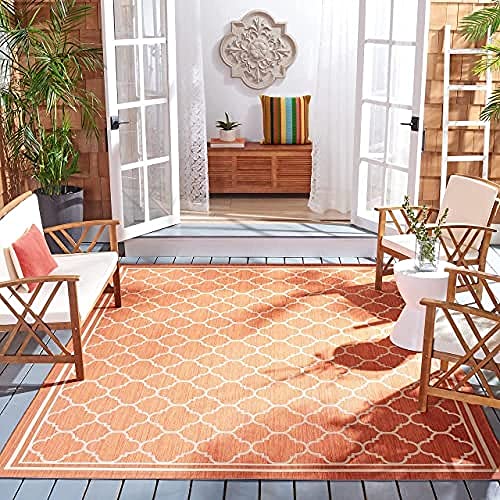SAFAVIEH Geometrisch Teppich für Wohnzimmer, Esszimmer, Schlafzimmer - Courtyard Collection, Kurzer Flor, Terrakotta und Knochen, 79 X 152 cm von Safavieh