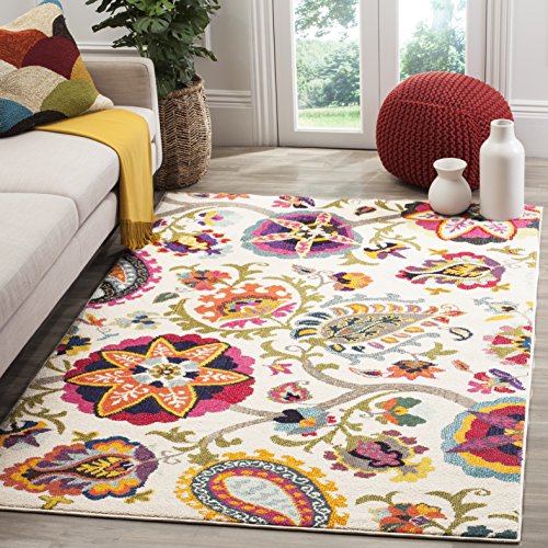 SAFAVIEH Boho Chic Teppich für Wohnzimmer, Esszimmer, Schlafzimmer - Monaco Collection, Kurzer Flor, Elfenbein und Multi, 120 x 120 cm von Safavieh