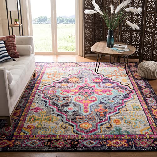 SAFAVIEH Boho Teppich für Wohnzimmer, Esszimmer, Schlafzimmer - Monaco Collection, Kurzer Flor, Grau und Fuchsia, 200 x 200 cm von Safavieh