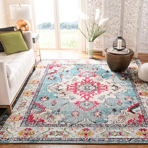 Safavieh Boho Chic Teppich für Wohnzimmer, Esszimmer, Schlafzimmer - Monaco Collection, Kurzer Flor, Hellblau und Fuchsia, 155 X 231 cm von Safavieh