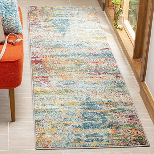Safavieh Boho Teppich für Wohnzimmer, Esszimmer, Schlafzimmer - Monaco Collection, Kurzer Flor, Blaugrün und Orange, 80 x 180 cm von Safavieh