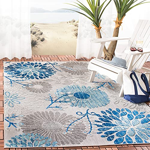 Safavieh Botanischer Teppich für Maschinenwaschbar und rutschfest - Innen - & Außenbereich - Cabana Collection, Kurzer Flor, Grau und Blau, 90 x 150 cm von Safavieh