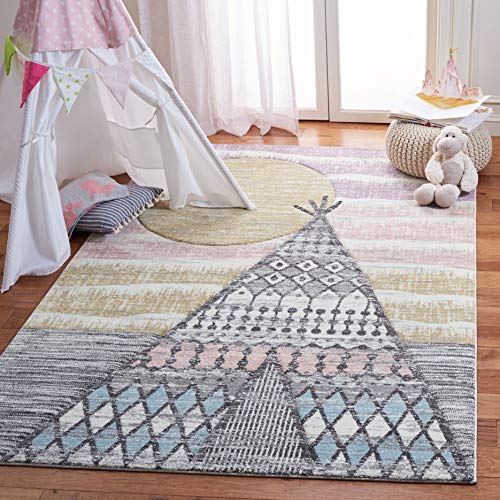 Safavieh Carousel Kids Collection CRK117F Boho Distressed Non-Shedding Stain Resistant Bedroom Area Rug 6'7" x 6'7" Square Grey/Pink von Safavieh