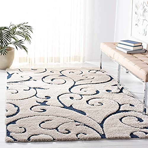 SAFAVIEH Zottelig Teppich für Wohnzimmer, Esszimmer, Schlafzimmer - Florida Shag Collection, Hoher Flor, Creme und Blau, 160 X 229 cm von Safavieh