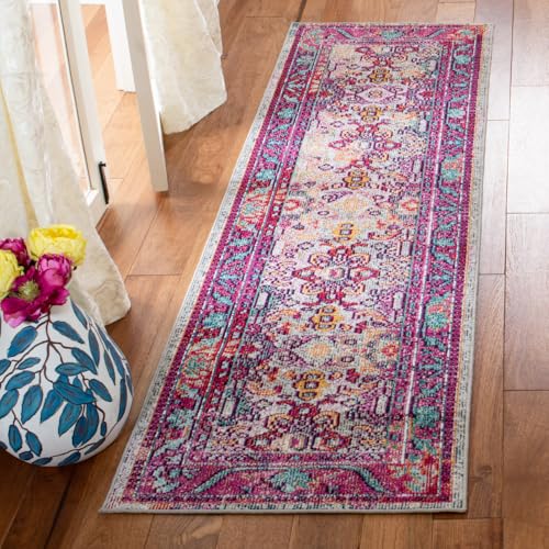 SAFAVIEH Boho Teppich für Wohnzimmer, Esszimmer, Schlafzimmer - Crystal Collection, Kurzer Flor, Hellblau und Fuchsia, 66 X 213 cm SAFAVIEH Boho Teppich für Wohnzimmer, Esszimmer, Schlafzimmer - Crystal Collection, Kurzer Flor, Hellblau und Fuchsia, 66 X 213 cm von Safavieh