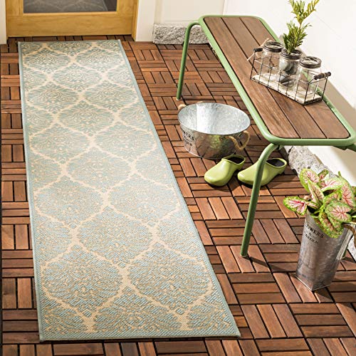 SAFAVIEH Geometrisch Teppich für Wohnzimmer, Esszimmer, Schlafzimmer - Beachhouse Collection, Kurzer Flor, Creme und Aqua, 61 X 244 cm von Safavieh
