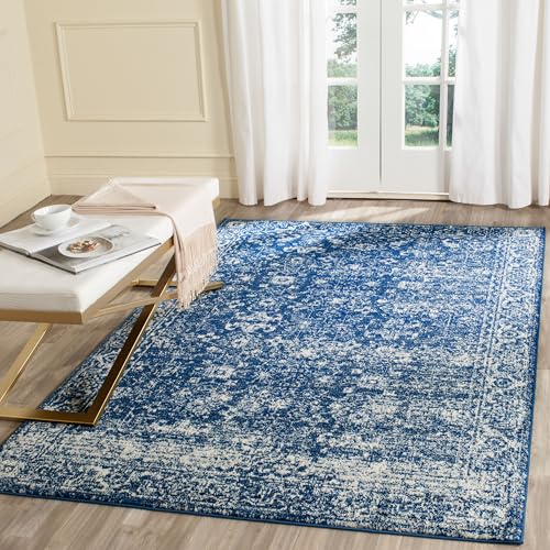 SAFAVIEH Übergangs-Teppich Wohnzimmer, Esszimmer, Schlafzimmer - Evoke Collection, Kurzer Flor, Marine und Elfenbein, 155 X 229 cm von Safavieh