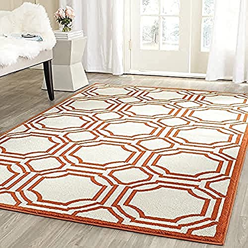 SAFAVIEH Geometrisch Drinnen & Draussen - Amherst Collection, Kurzer Flor, Elfenbein und Orange, 122 X 183 cm von Safavieh