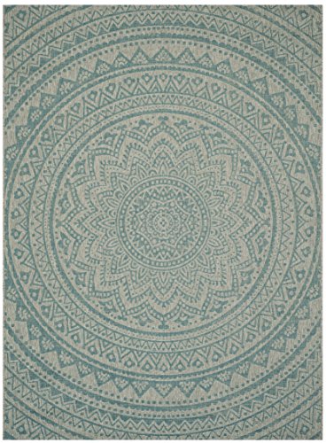 SAFAVIEH Zeitgenössische Teppich für Wohnzimmer, Esszimmer, Schlafzimmer - Courtyard Collection, Kurzer Flor, Hellgrau und Aqua, 122 X 170 cm von Safavieh