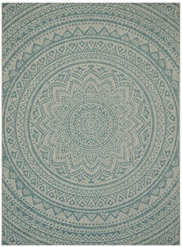 SAFAVIEH Zeitgenössische Teppich für Drinnen & Draussen - Courtyard Collection, Kurzer Flor, Hellgrau und Aqua, 122 X 170 cm von Safavieh