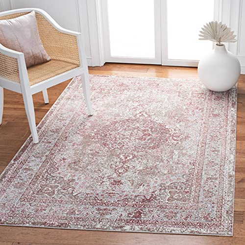Safavieh Lilypond Collection LLP843A Oriental Medallion Distressed Fringe Non-Shedding Living Room Bedroom Accent Area Rug, 4' x 6', Ivory / Rose von Safavieh
