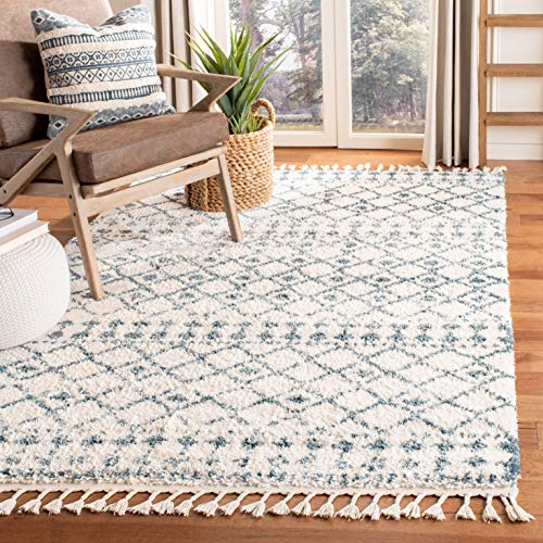 SAFAVIEH Marokkanischer Zottel Wohnzimmer, Esszimmer, Schlafzimmer - Berber Fringe Shag Collection, Kurzer Flor, Creme und Blau, 122 X 183 cm von Safavieh