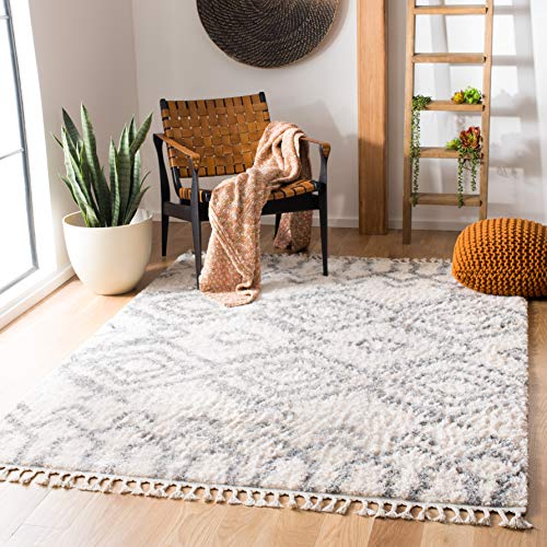 SAFAVIEH Zottelig Teppich für Wohnzimmer, Esszimmer, Schlafzimmer - Berber Fringe Shag Collection, Kurzer Flor, Creme und Grau, 99 X 160 cm von Safavieh