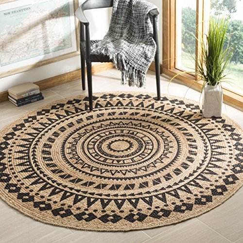 SAFAVIEH Naturfaser Teppich für Wohnzimmer, Esszimmer, Schlafzimmer - Natural Fiber Collection, Kurzer Flor, Natürlich und Schwarz, 152 X 152 cm von Safavieh