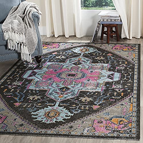 SAFAVIEH Vintage Inspiriert Teppich für Wohnzimmer, Esszimmer, Schlafzimmer - Artisan Collection, Kurzer Flor, Schwarz und Hellgrau, 91 X 152 cm von Safavieh