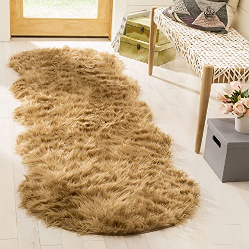 SAFAVIEH Schafsfellimitat Teppich für Wohnzimmer, Esszimmer, Schlafzimmer - Faux Fur Collection, Hoher Flor, Kamel, 76 X 244 cm von Safavieh