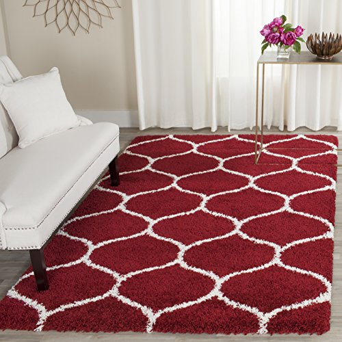 Safavieh SGH280R Zottelig Teppich für Wohnzimmer, Esszimmer, Schlafzimmer-Hudson Shag Collection, Hoher Flor, Elfenbein, 155 X 229 cm, Polypropylen, Rot/Elfenbeinfarben, 5'1" x 7'6" von Safavieh