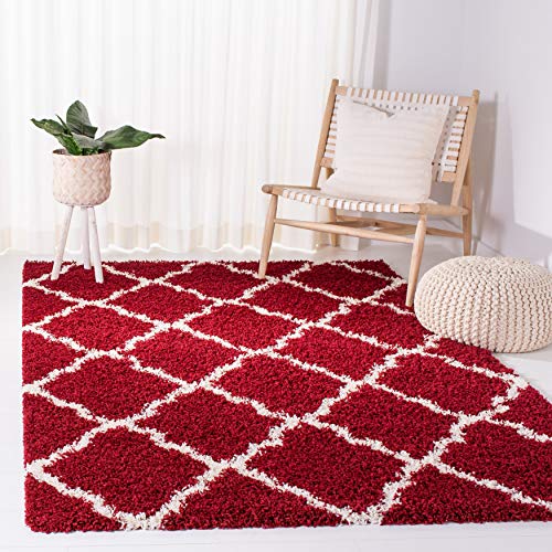 Safavieh SGD257 Zottelig Teppich für Wohnzimmer, Esszimmer, Schlafzimmer-Dallas Shag Collection, Hoher Flor, 155 X 229 cm, Polypropylen (PP), Rot/Weiß Elfenbein von Safavieh