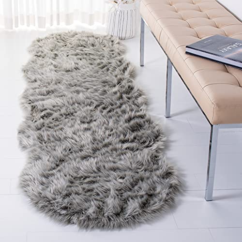 SAFAVIEH Schafsfellimitat Teppich für Wohnzimmer, Esszimmer, Schlafzimmer - Faux Fur Collection, Hoher Flor, Grau, 76 X 244 cm von Safavieh