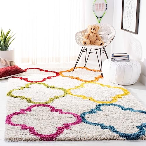 Safavieh SGK563 Zottelig Teppich für Wohnzimmer, Esszimmer, Schlafzimmer-Kids Shag Collection, Hoher Flor, Elfenbein und Multi, 122 X 183 cm, Polyester, Elfenbeinfarben/Mehrfarbig von Safavieh