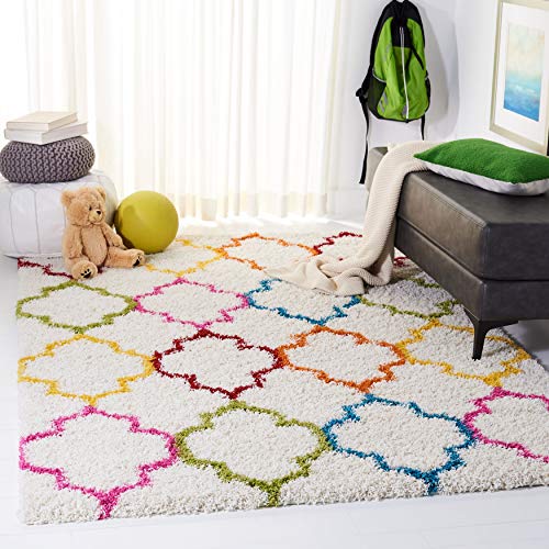 Safavieh SGK569 Zottelig Teppich für Wohnzimmer, Esszimmer, Schlafzimmer-Kids Shag Collection, Hoher Flor, Polyester, 91 X 152 cm, Elfenbein und Multi von Safavieh