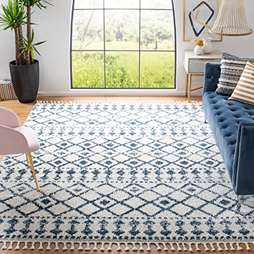 SAFAVIEH Marokkanischer Zottel Wohnzimmer, Esszimmer, Schlafzimmer - Berber Fringe Shag Collection, Kurzer Flor, Creme und Blau, 183 X 274 cm von Safavieh