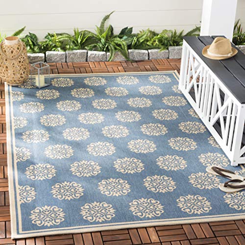 SAFAVIEH Kleines Medaillon Drinnen & Draussen - Beachhouse Collection, Kurzer Flor, Creme und Blau, 122 X 183 cm von Safavieh