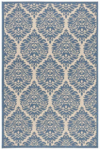SAFAVIEH Damast Teppich für Drinnen & Draussen - Beachhouse Collection, Kurzer Flor, Creme und Blau, 122 X 183 cm von Safavieh