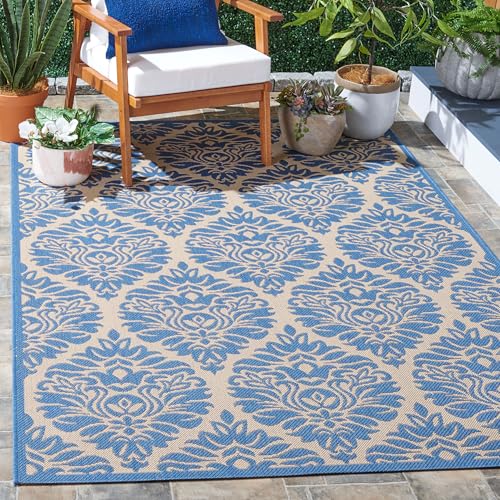 SAFAVIEH Damast Teppich für Drinnen & Draussen - Beachhouse Collection, Kurzer Flor, Creme und Blau, 122 X 183 cm von Safavieh