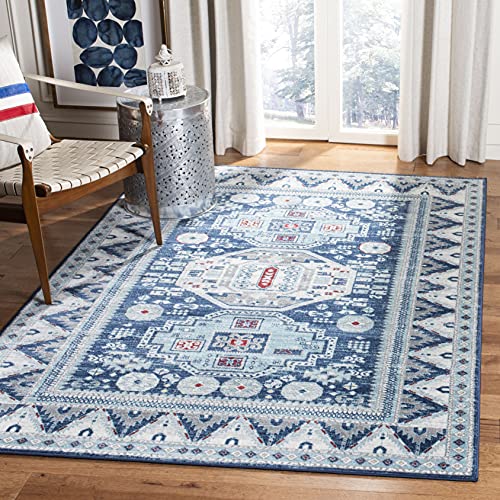 SAFAVIEH Stammes-inspiriert Teppich für Wohnzimmer, Esszimmer, Schlafzimmer - Kazak Collection, Kurzer Flor, Blau und Creme, 122 X 183 cm von Safavieh