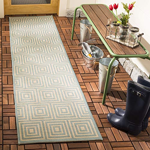 SAFAVIEH Geometrisch Drinnen & Draussen - Beachhouse Collection, Kurzer Flor, Creme und Aqua, 61 X 244 cm von Safavieh