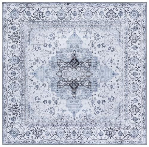 Safavieh Traditionell Teppich für Maschinenwaschbar und rutschfest - Ideal für stark frequentierte Bereiche - Arizona Collection, Kurzer Flor, Elfenbein und Blau, 244 x 244 cm von Safavieh